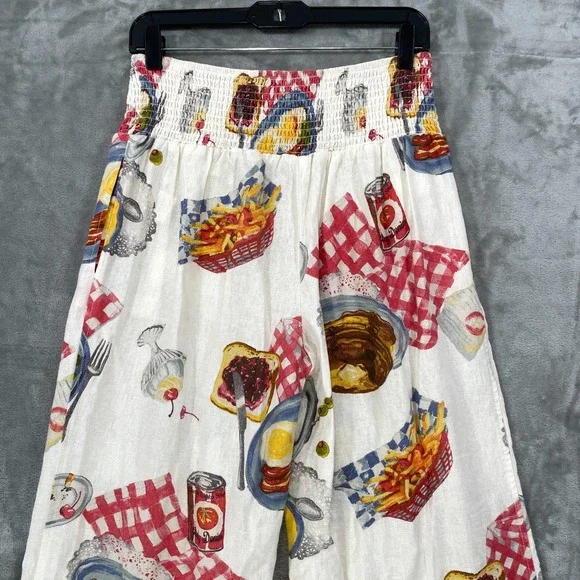 Kimchi Blue Sz S Caroline Smocked Wide Leg Linen-Blend Pant Novelty Diner Print - Picture 9 of 11